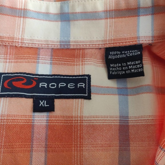 Roper Men Shirt Button-Up Collar 100% Cotton Long Sleeve Orange Plaid Size XL - Picture 5 of 5